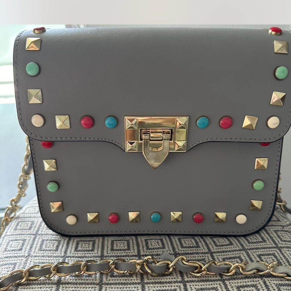 Genuine leather gray crossbody purse